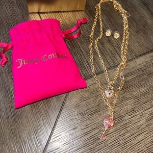 Juicy Couture Gold-tone Layered Heart Key necklace with Earrings - Pink Accents